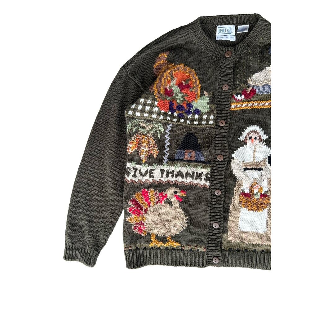 Vintage 90s Ashley Thanksgiving Fall Chunky Hand Knit Sweater Button Front Small - Picture 3 of 5